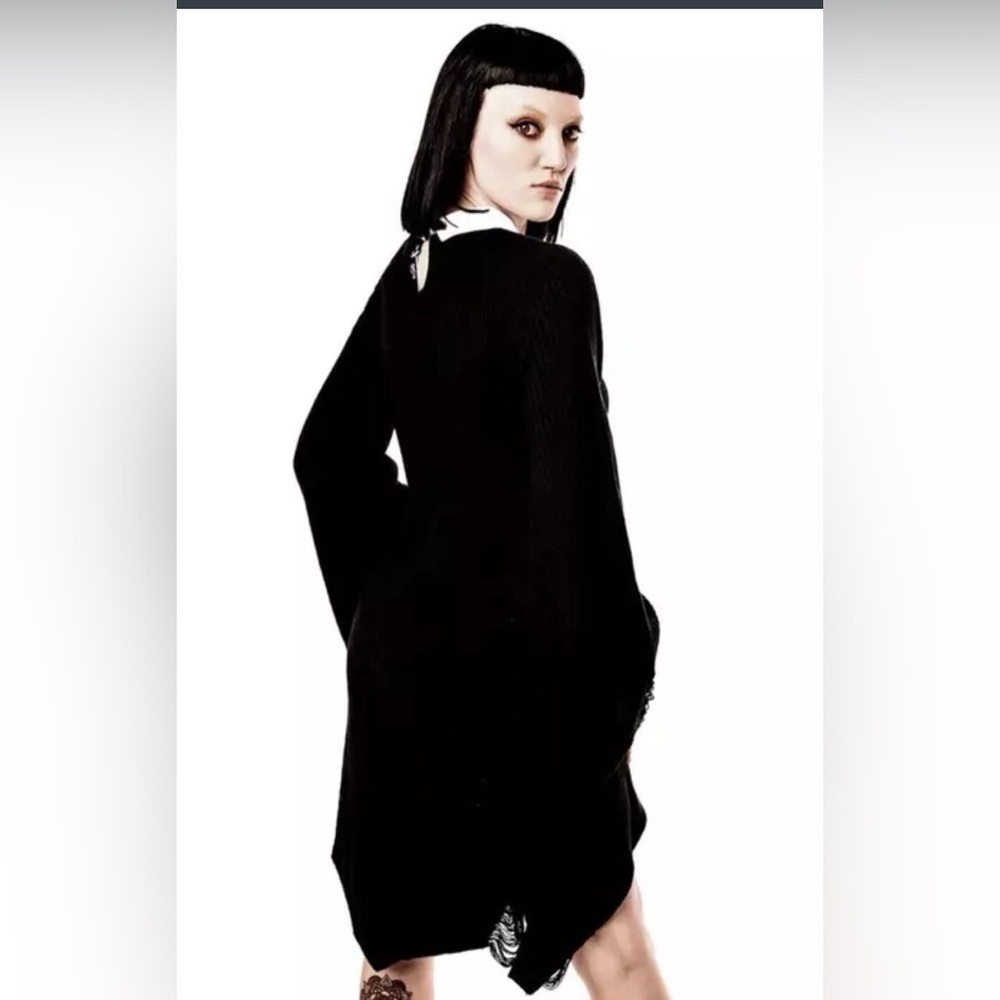 Killstar Black Hellda Distressed Long Sleeve Sweater Dress with White Collar - Picture 2 of 11